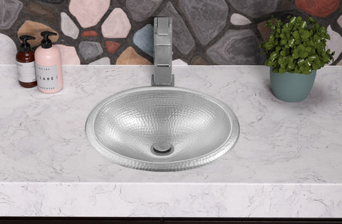 Hand Hammered Aluminum 17 inch Oval Drop In Bathroom Sink - Nickel